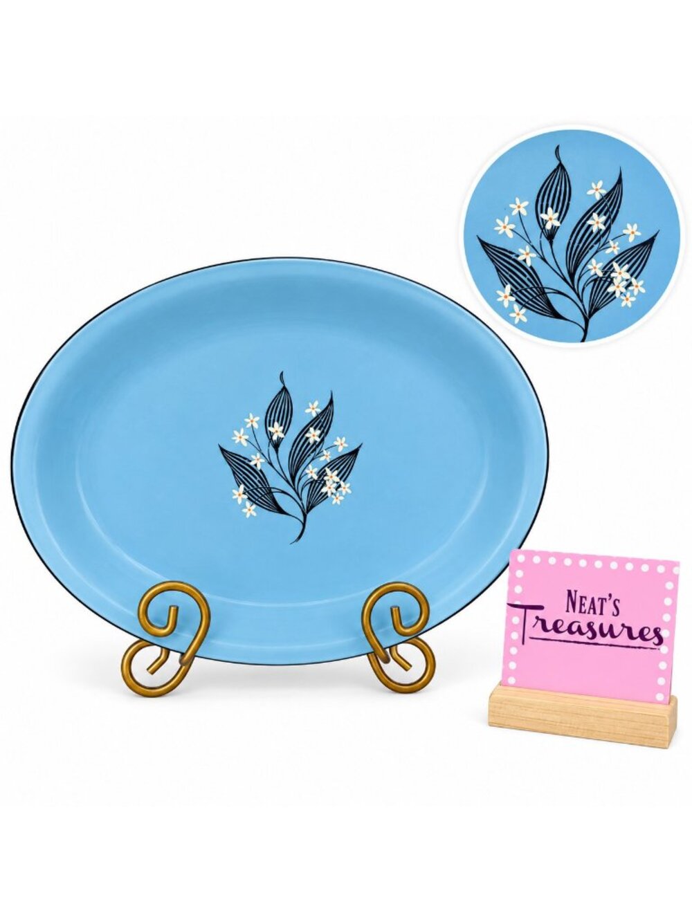 MCM Homer Laughlin STARBURST Skytone White Flowers Blue Serving Platter RARE
